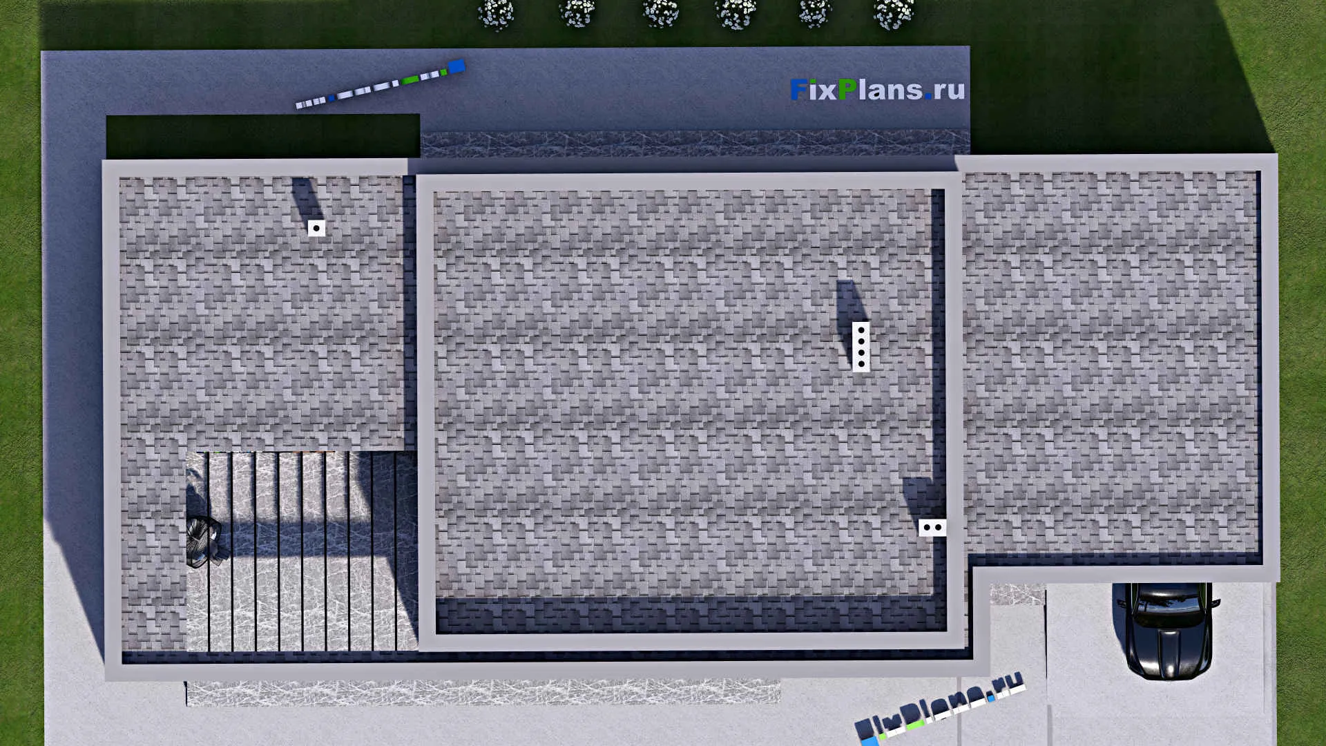 F-16649 - Проект одноэтажного дома 12 на 27, площадью 250 м² с террасой, гаражом на 2 машины и 3 спальнями