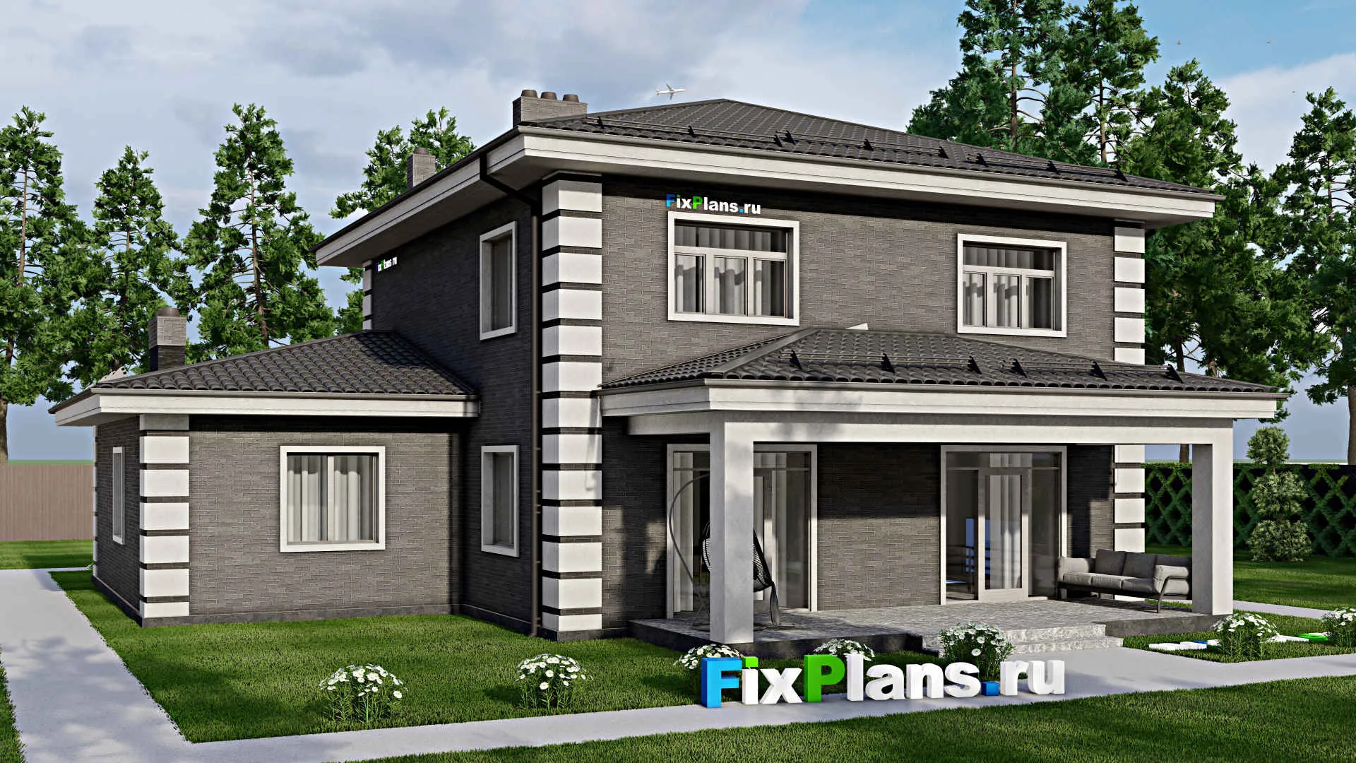 F-3887 - Планы двухэтажного дома 14 на 17, площадью 240 м² с террасой, гаражом на 1 машину и 4 спальнями