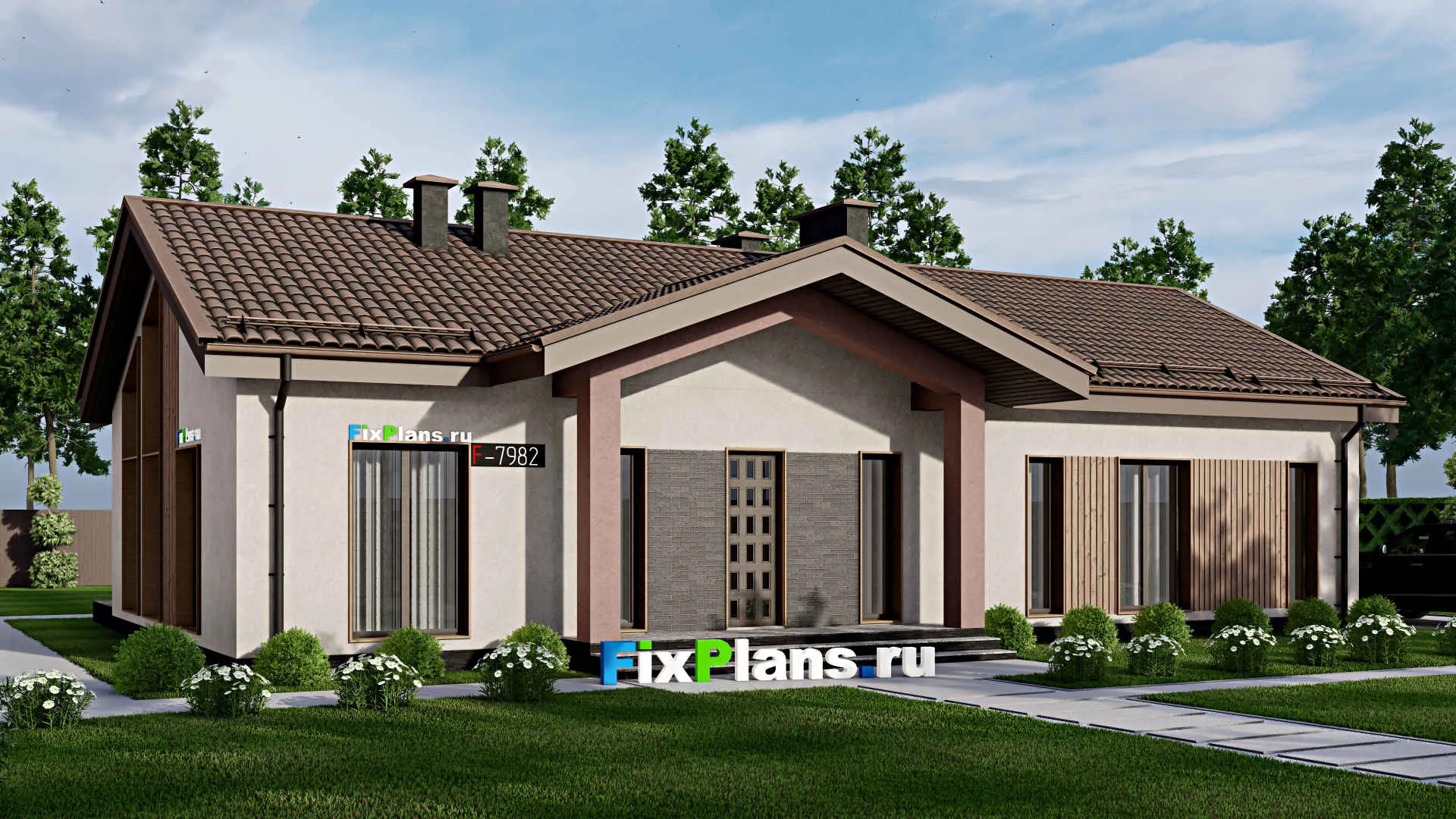 F-7982 - Проект одноэтажного дома 10 на 19, площадью 170 м² с террасой и 3 спальнями