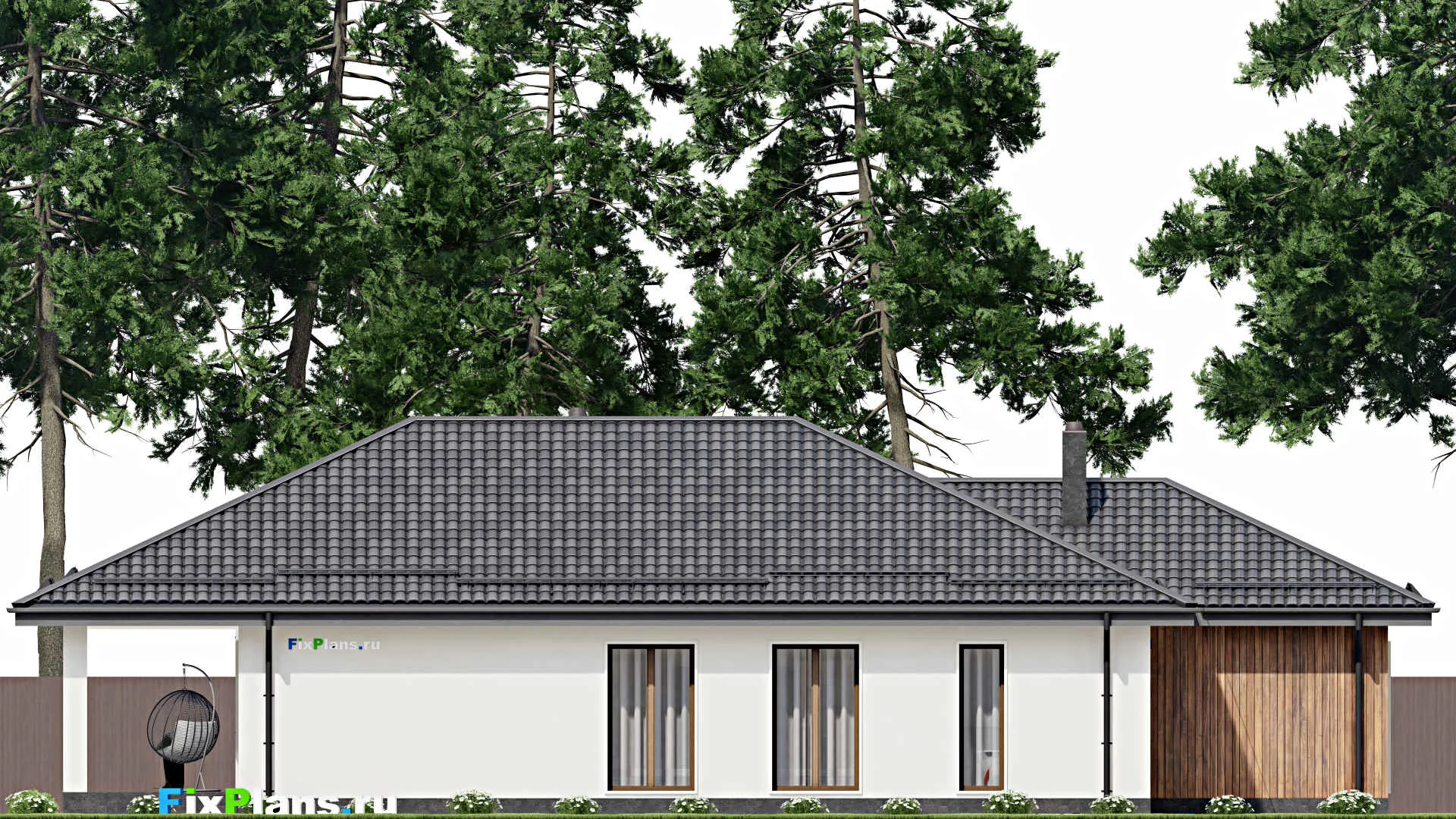 F-8630 - План одноэтажного дома 12 на 23, площадью 220 м² с террасой, гаражом на 1 машину и 3 спальнями