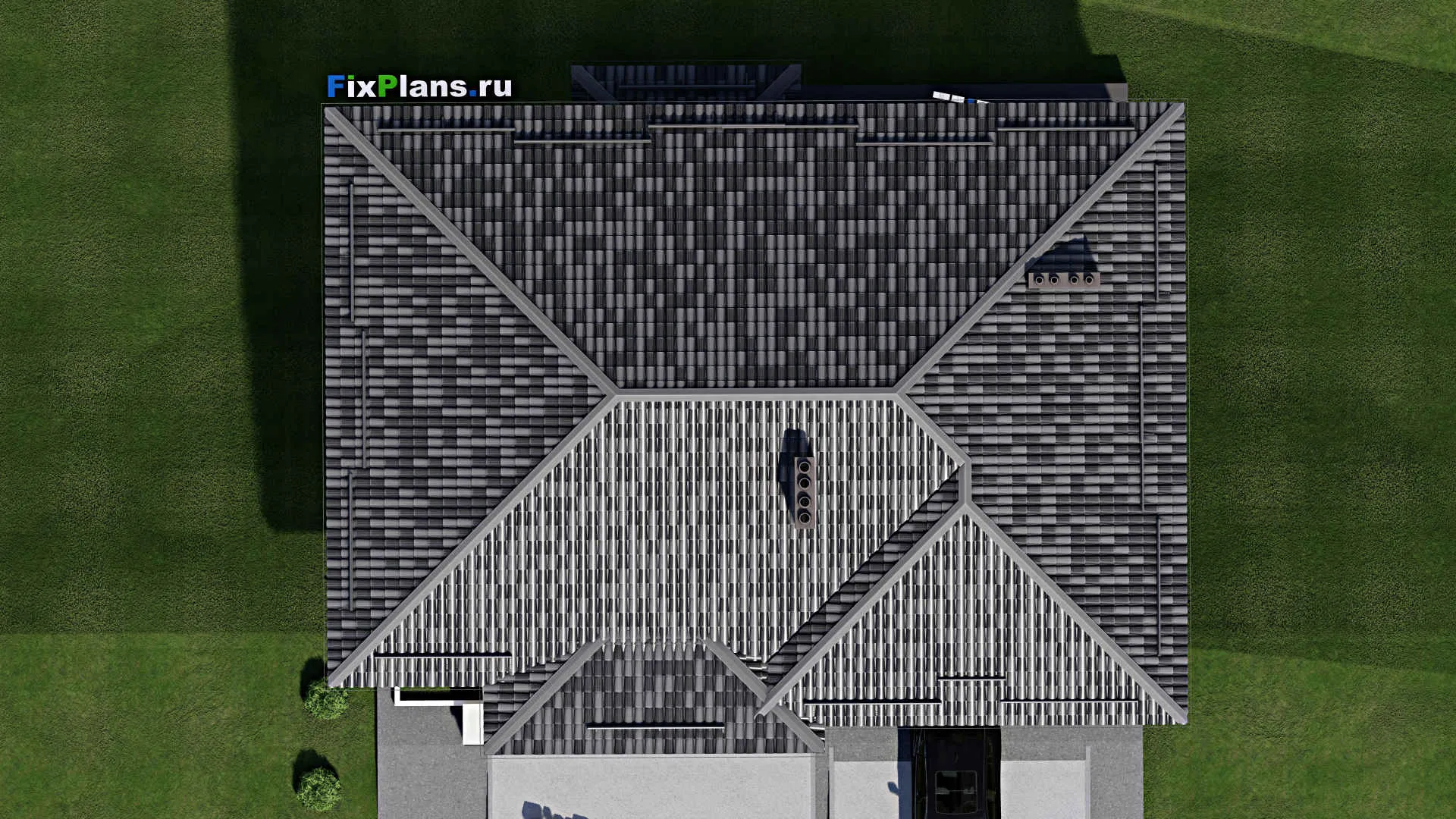 F-3122 - Проект одноэтажного дома 12 на 17, площадью 330 м² с террасой, цокольным этажом, баней, гаражом на 1 машину и 3 спальнями