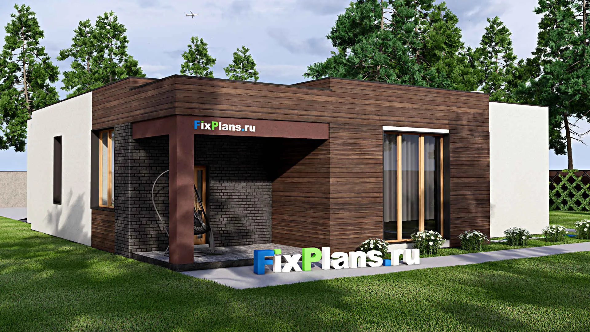 F-16100 - Проект одноэтажного дома 15 на 18, площадью 170 м² с террасой, гаражом на 1 машину и 3 спальнями