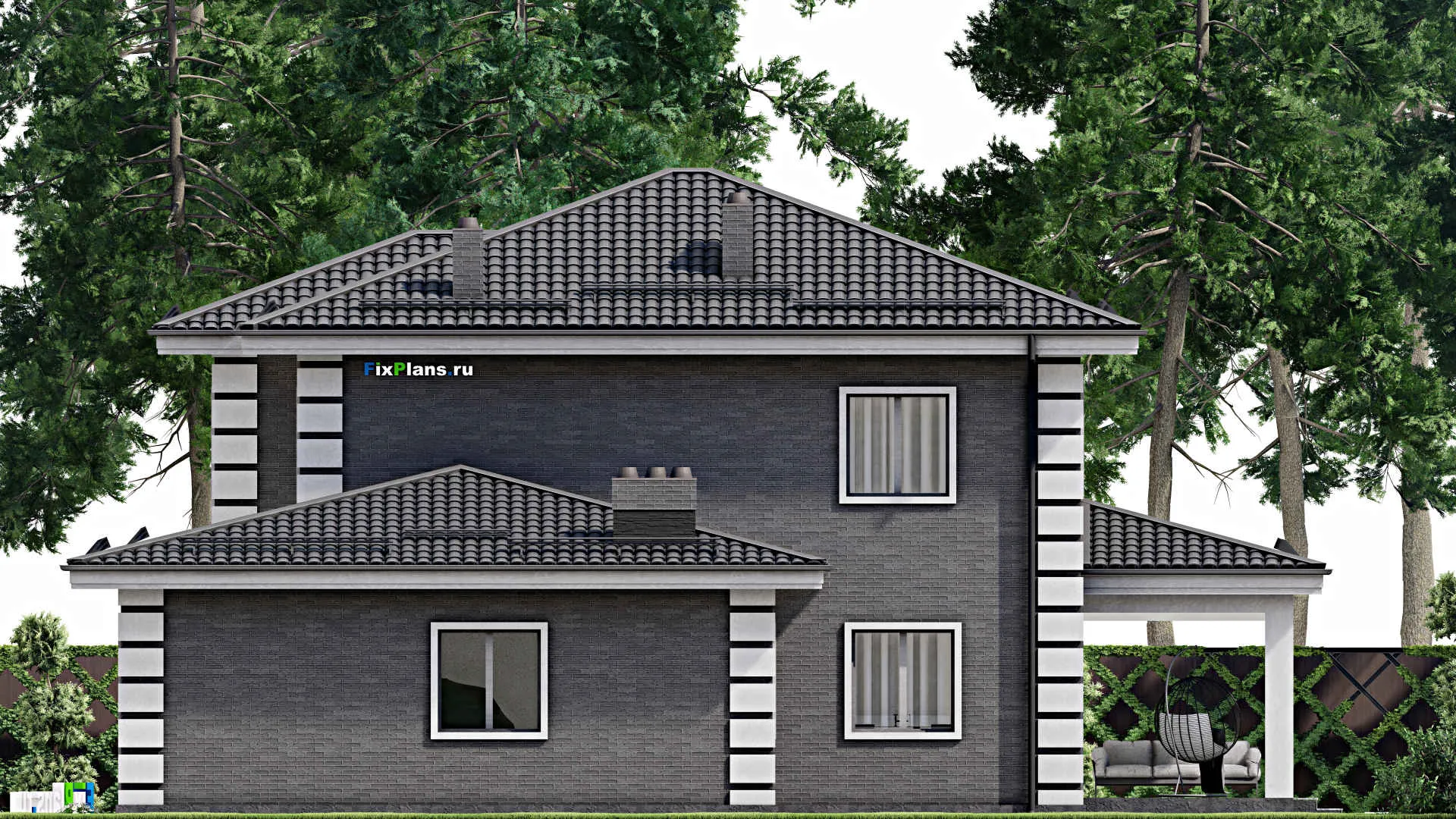 F-3887 - Планы двухэтажного дома 14 на 17, площадью 240 м² с террасой, гаражом на 1 машину и 4 спальнями