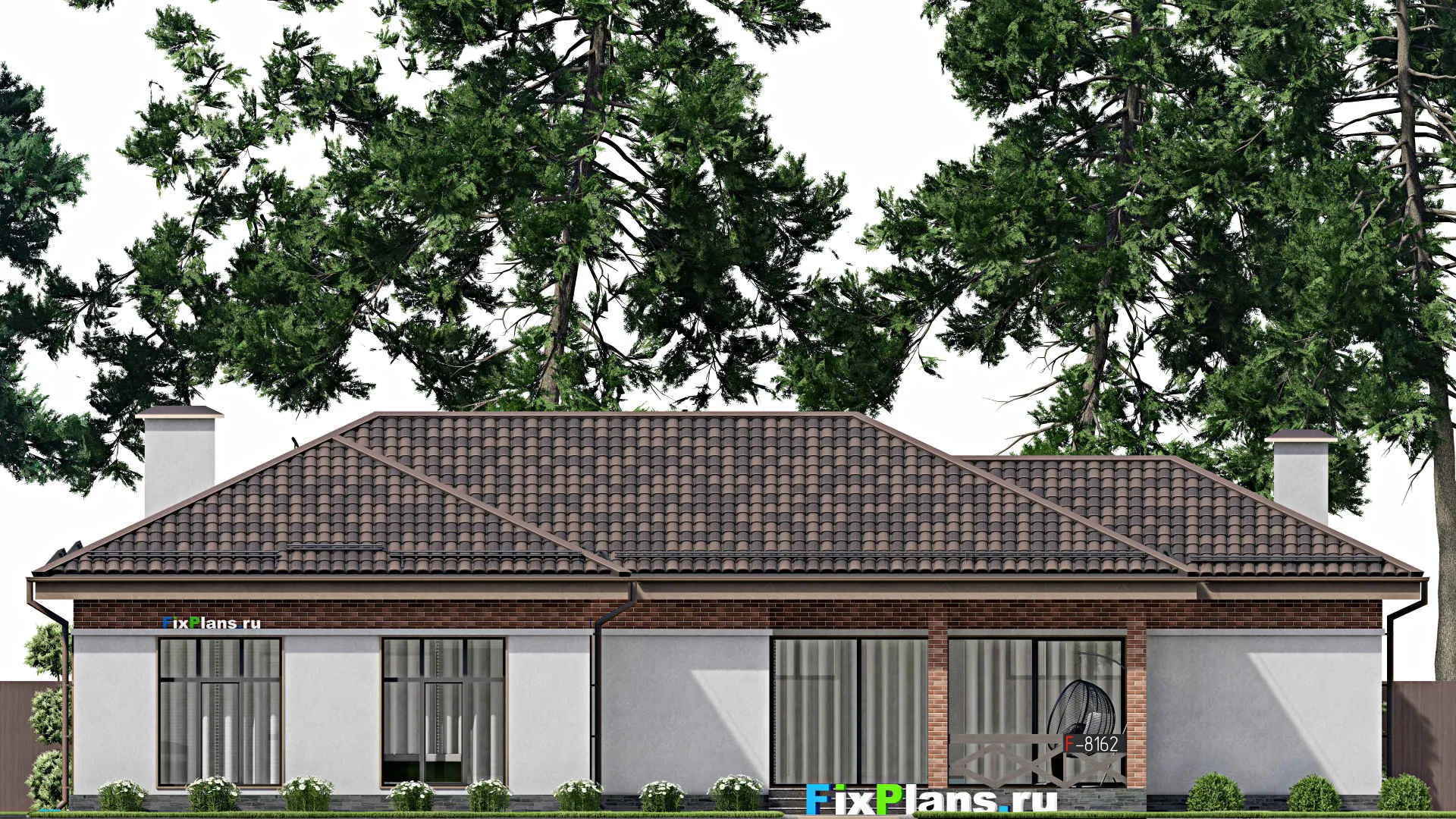 F-8162 - План одноэтажного дома 16 на 21, площадью 190 м² с террасой, баней, бассейном и 2 спальнями