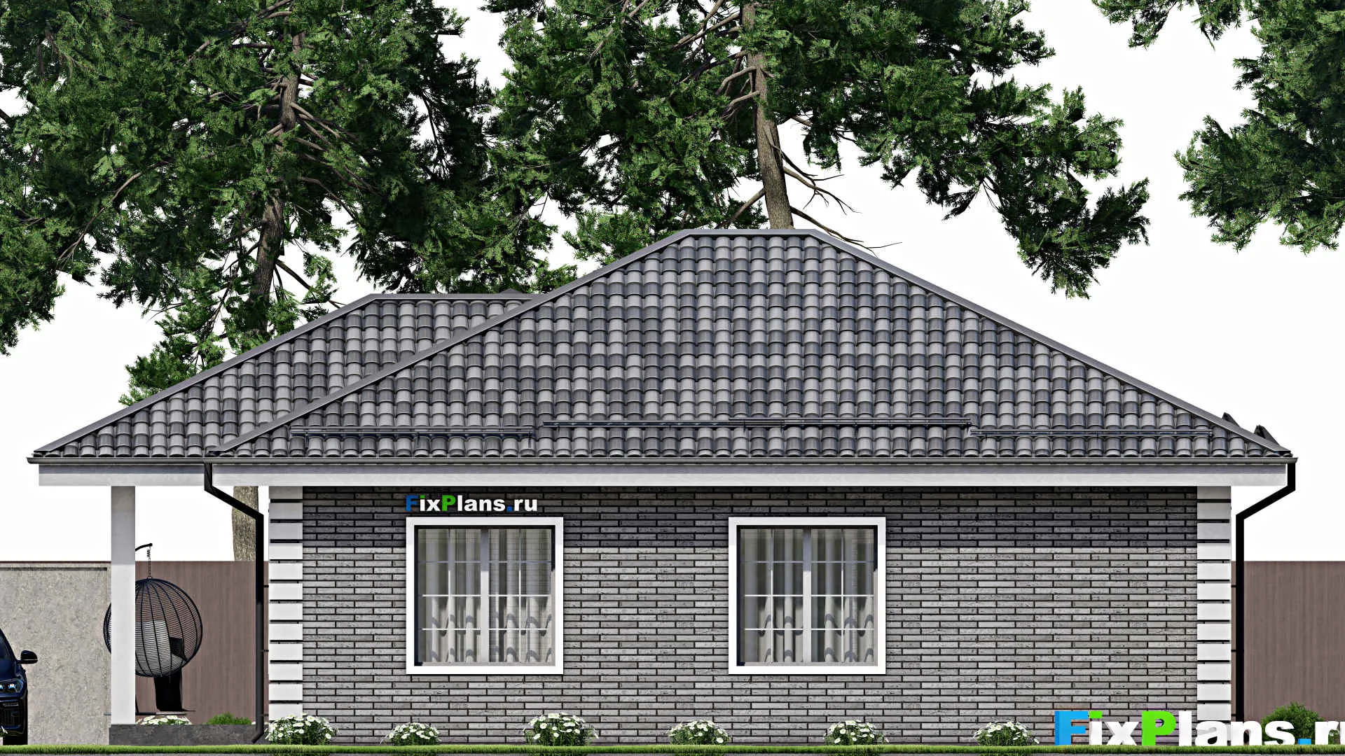 F-7739 - Проект одноэтажного дома 11 на 12, площадью 120 м² с террасой и 3 спальнями