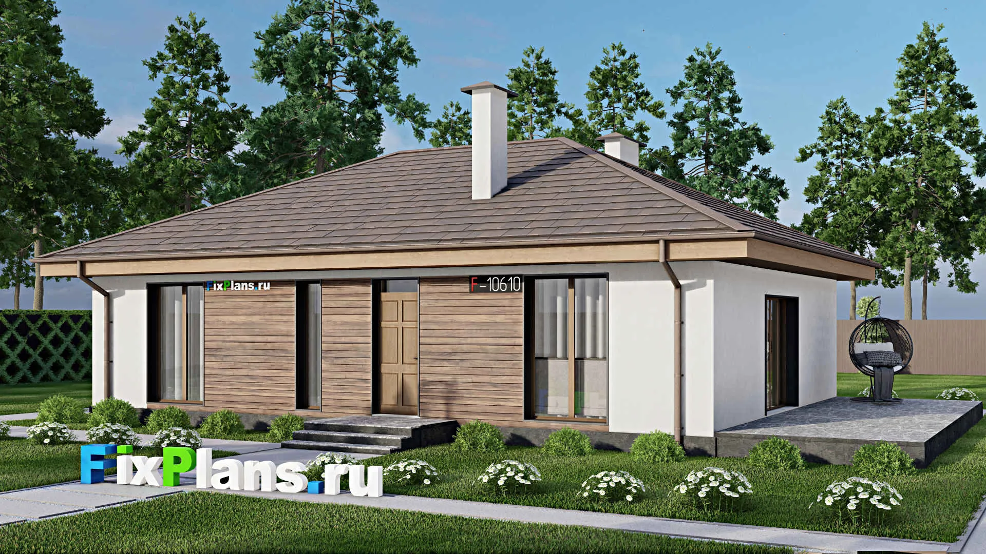 F-10610 - Проект одноэтажного дома 11 на 17, площадью 130 м² с террасой и 2 спальнями