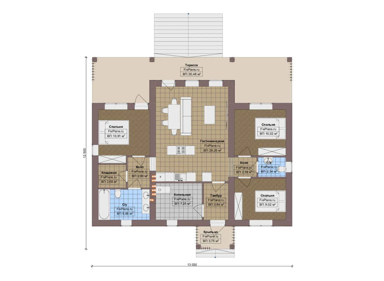 F-14678 - План одноэтажного дома 13 на 14, площадью 130 м² с террасой и 3 спальнями