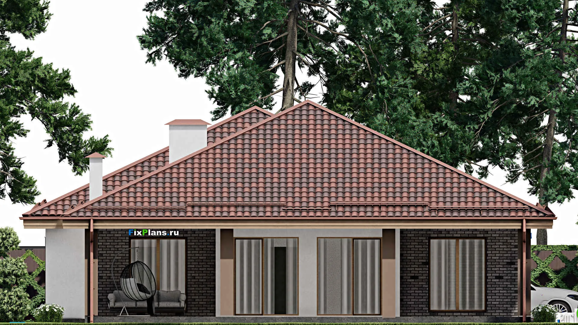 F-8441 - Проект одноэтажного дома 15 на 26, площадью 300 м² с террасой и 4 спальнями