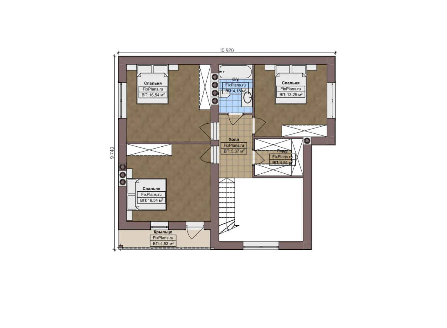 F-3023 - Планы дома с мансардой 10 на 16, площадью 200 м² с террасой, гаражом на 1 машину и 4 спальнями
