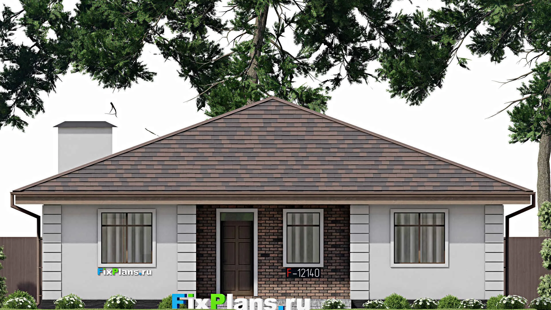 F-12140 - Проект одноэтажного дома 14 на 14, площадью 150 м² с террасой и 3 спальнями