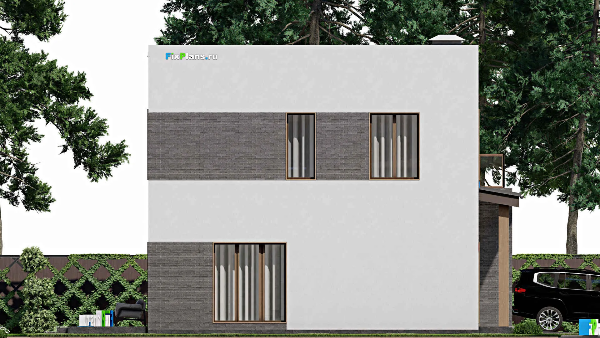 F-8153 - Планы двухэтажного дома 14 на 14, площадью 240 м² с террасой, балконом, гаражом на 1 машину и 3 спальнями