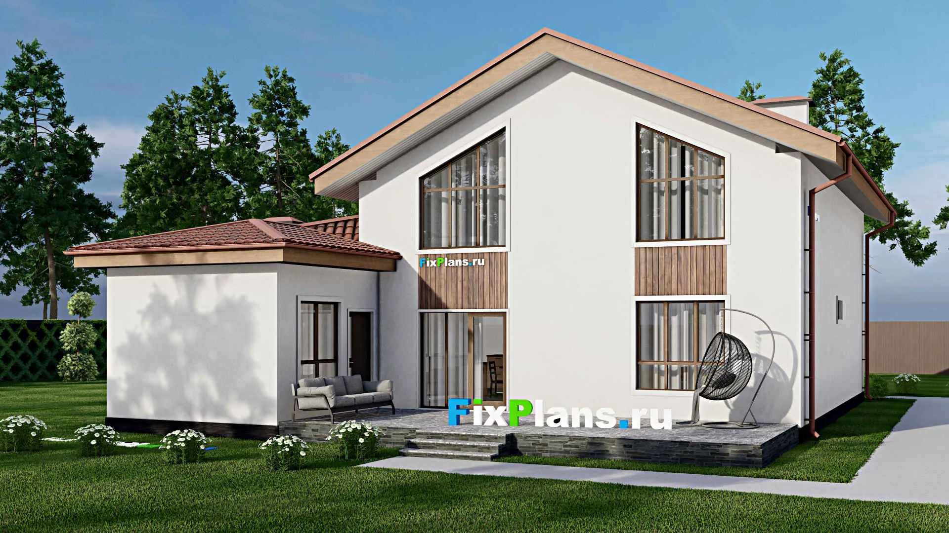 F-10106 - Планы дома с мансардой 14 на 16, площадью 260 м² с террасой, баней и 3 спальнями