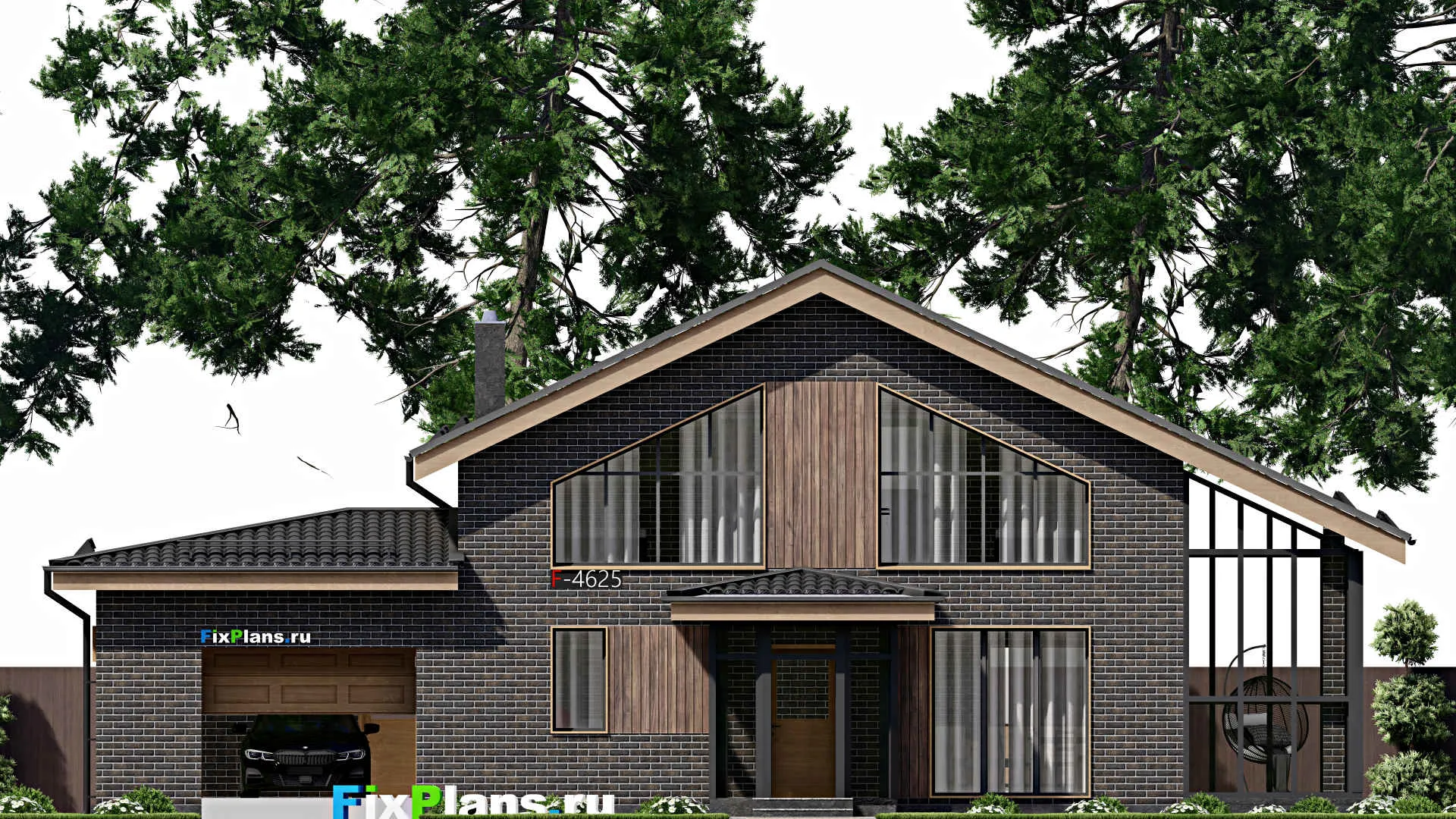 F-4625 - Проект дома с мансардой 13 на 18, площадью 230 м² с террасой, балконом, баней, гаражом на 1 машину и 3 спальнями