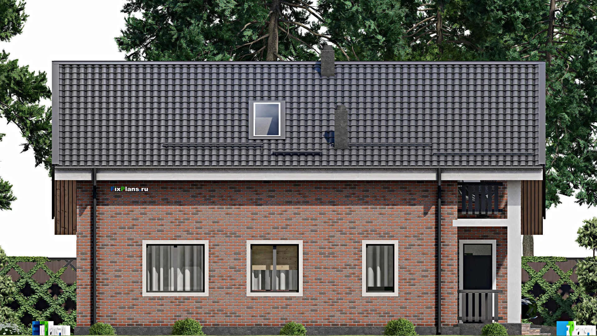 F-3059 - Проект дома с мансардой 9 на 14, площадью 150 м² с балконом, гаражом на 1 машину и 3 спальнями