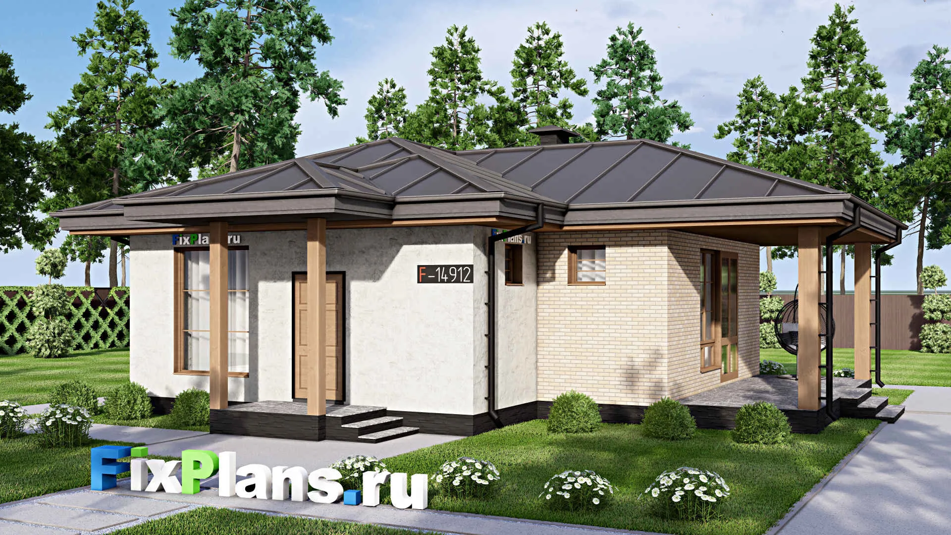 F-14912 - Проект бани 12 на 12, площадью 90 м² с терассой, санузлом и спальней