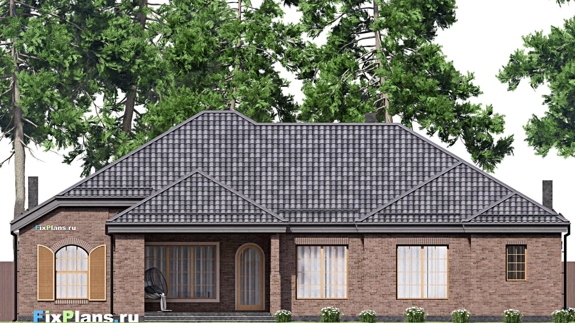 F-16847 - Проект одноэтажного дома 19 на 21, площадью 260 м² с террасой, гаражом на 2 машины и 4 спальнями