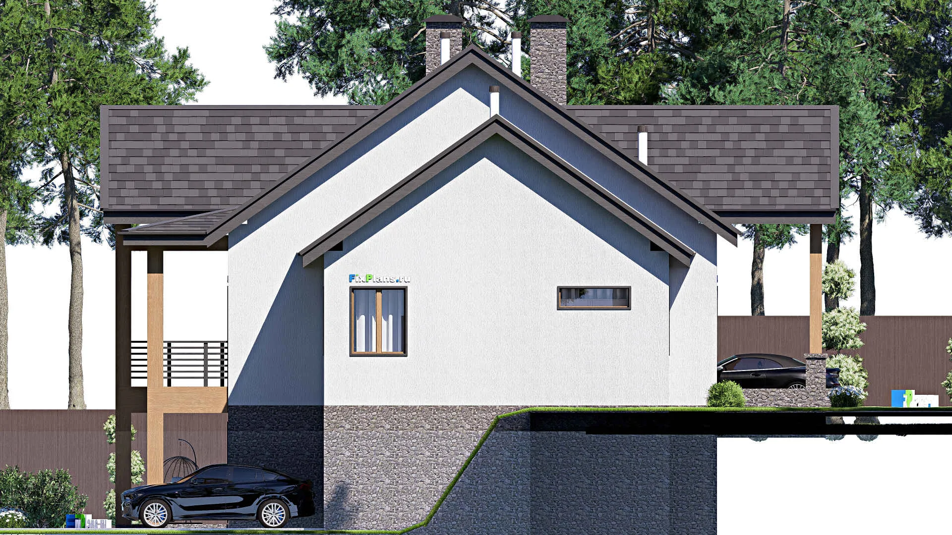 F-20645 - Проект двухэтажного дома 18 на 20, площадью 440 м² с террасой, цокольным этажом, гаражом на 1 машину и 3 спальнями