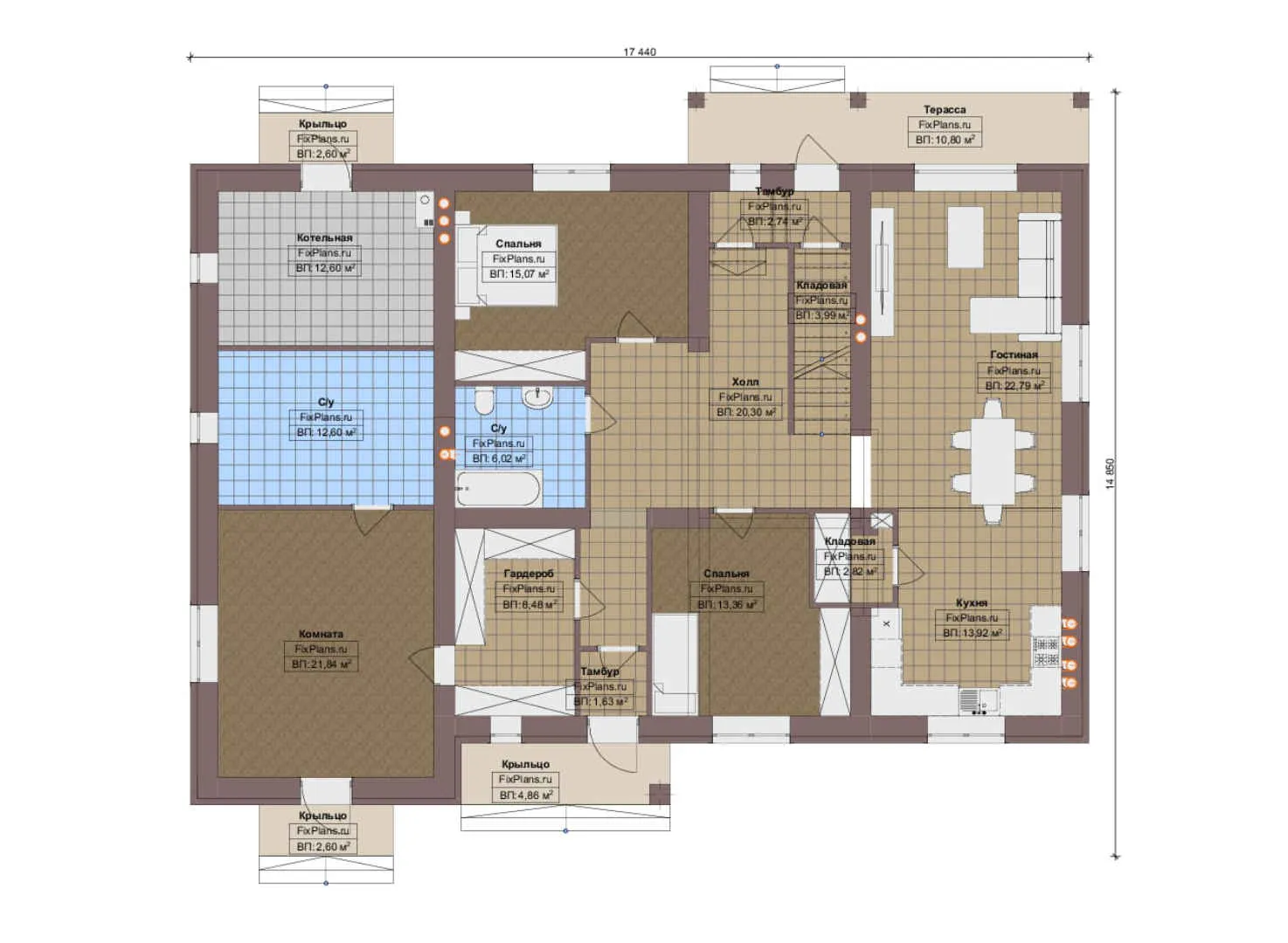 F-8738 - Планы дома с мансардой 15 на 18, площадью 480 м² с террасой и 9 спальнями