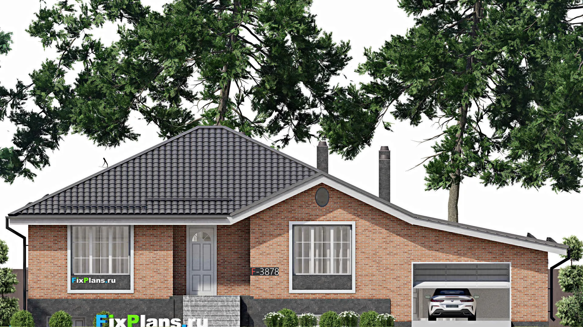 F-3878 - Проект одноэтажного дома 15 на 19, площадью 340 м² с террасой, цокольным этажом, баней, гаражом на 1 машину и 3 спальнями