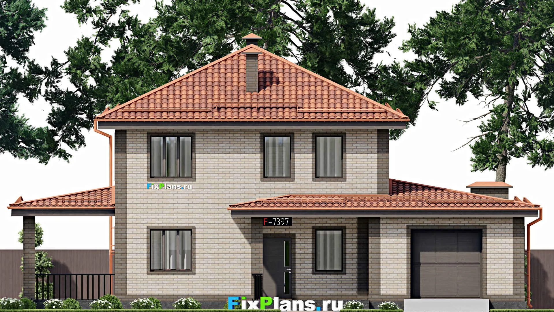 F-7397 - Проект двухэтажного дома 11 на 18, площадью 200 м² с террасой, гаражом на 1 машину и 3 спальнями