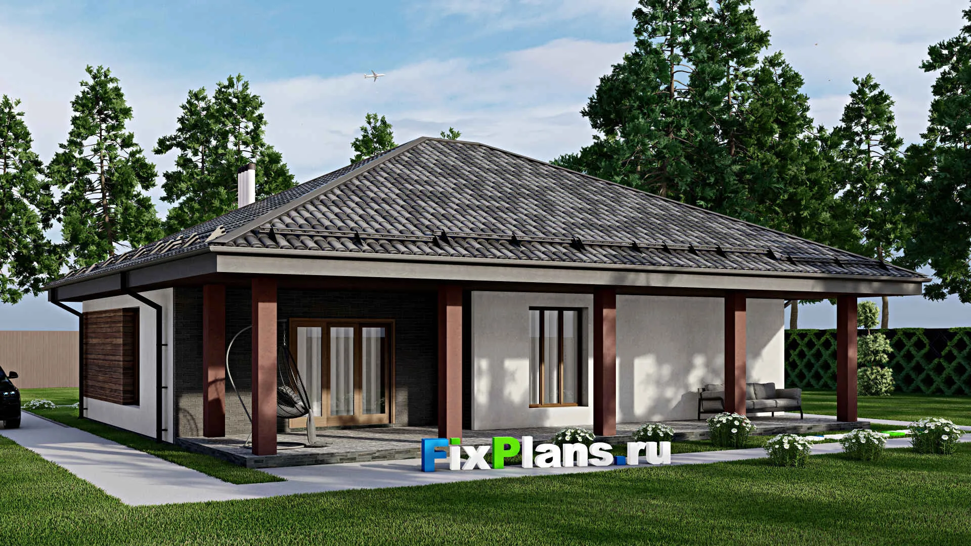 F-9548 - Проект одноэтажного дома 13 на 15, площадью 150 м² с террасой и 2 спальнями