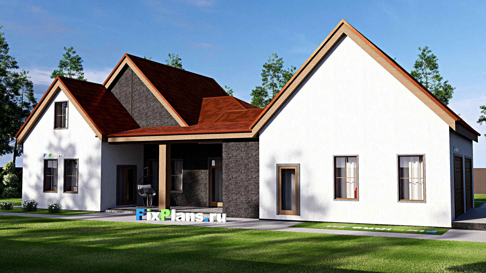 F-17288 - Проект дома с мансардой 15 на 23, площадью 260 м² с террасой, гаражом на 2 машины и 3 спальнями