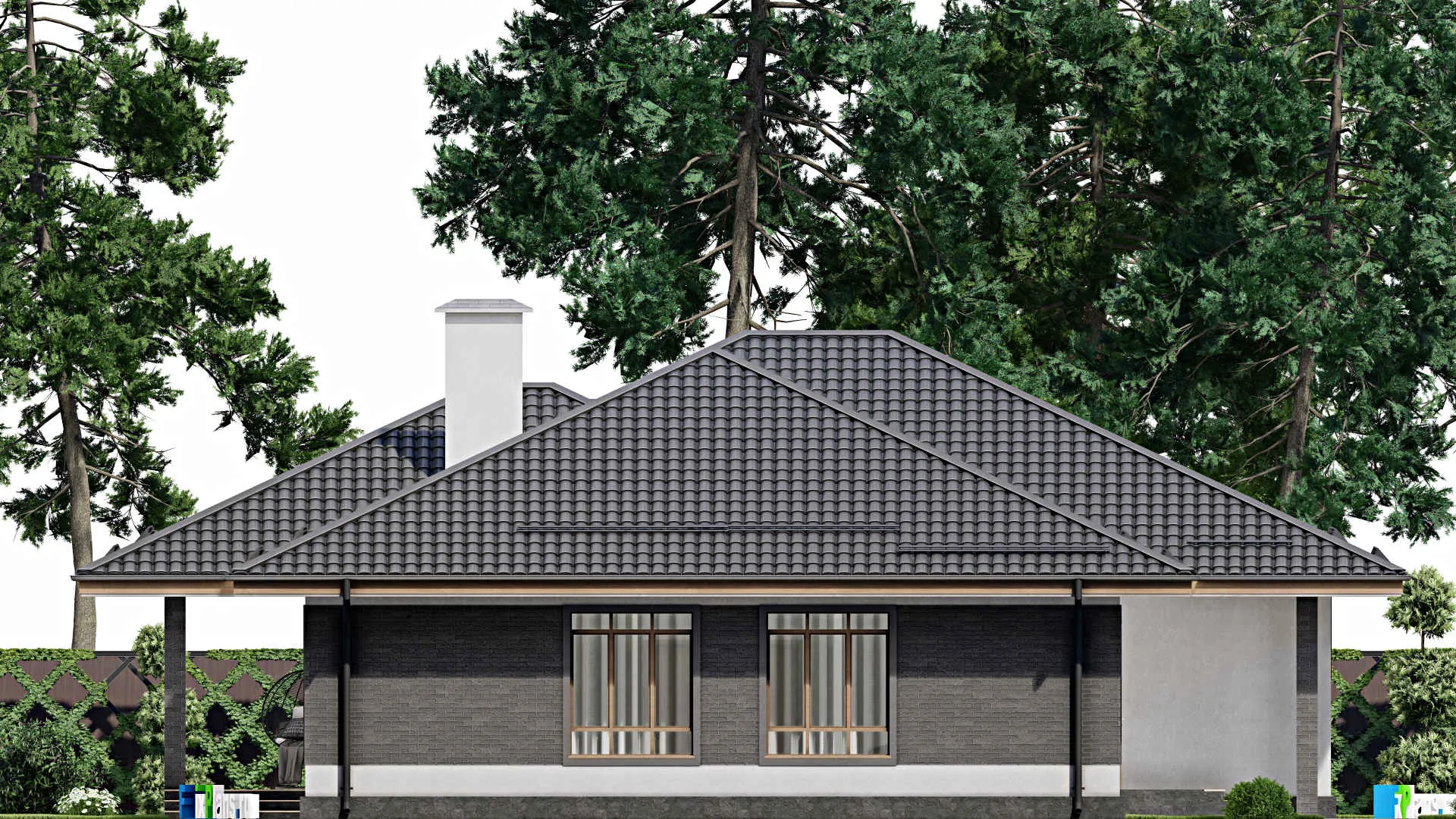 F-3743 - Проект одноэтажного дома 16 на 22, площадью 250 м² с террасой, гаражом на 2 машины и 4 спальнями