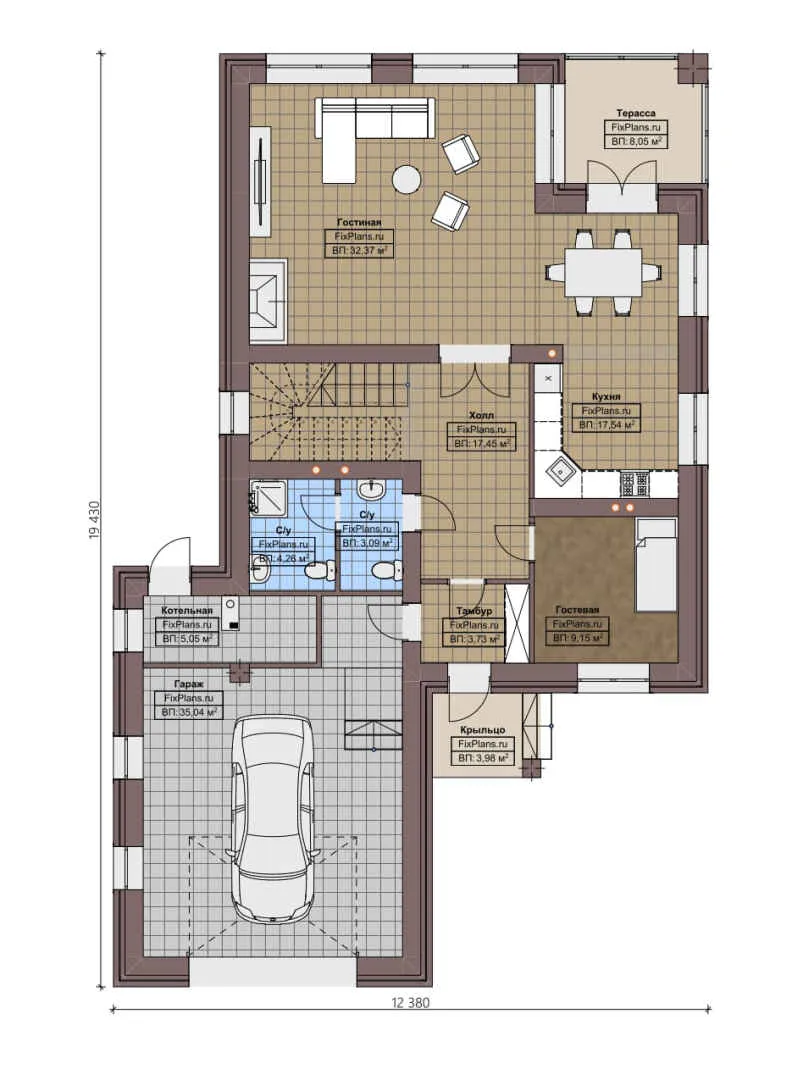 F-2258 - Планы двухэтажного дома 13 на 20, площадью 240 м² с террасой, гаражом на 2 машины и 3 спальнями