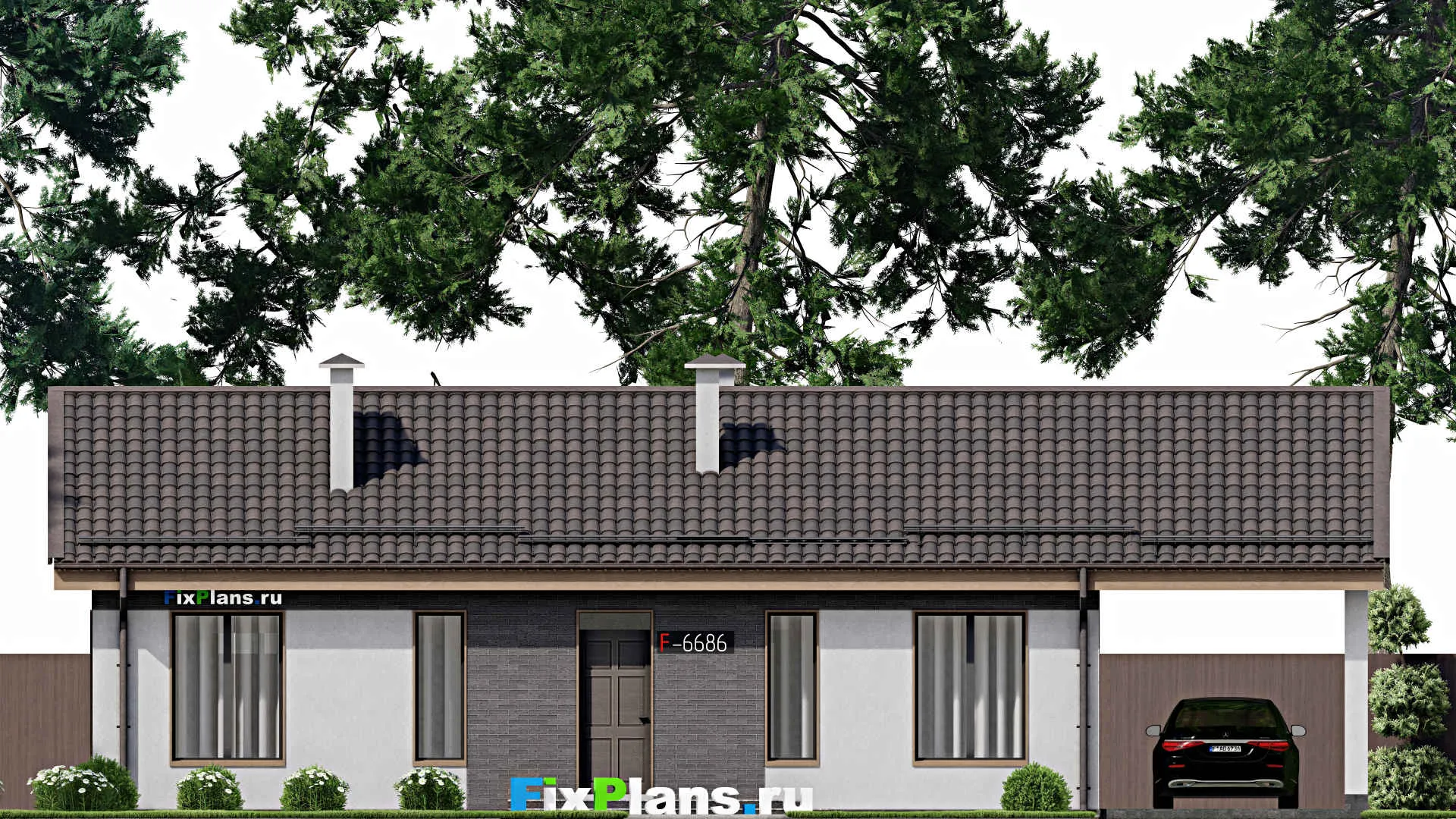 F-6686 - Проект одноэтажного дома 9 на 14, площадью 140 м² с террасой и 2 спальнями