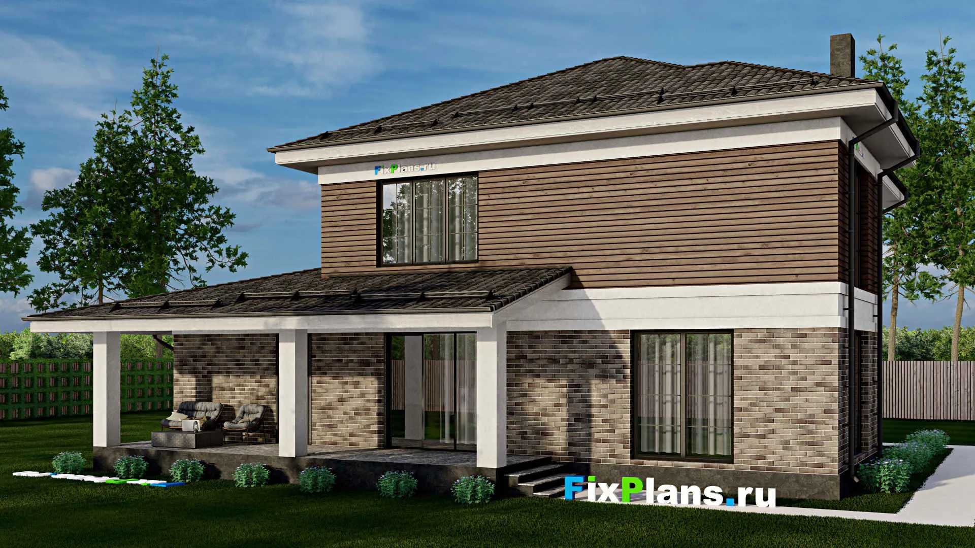 F-2213 - Проект двухэтажного дома 13 на 16, площадью 240 м² с террасой, гаражом на 1 машину и 3 спальнями