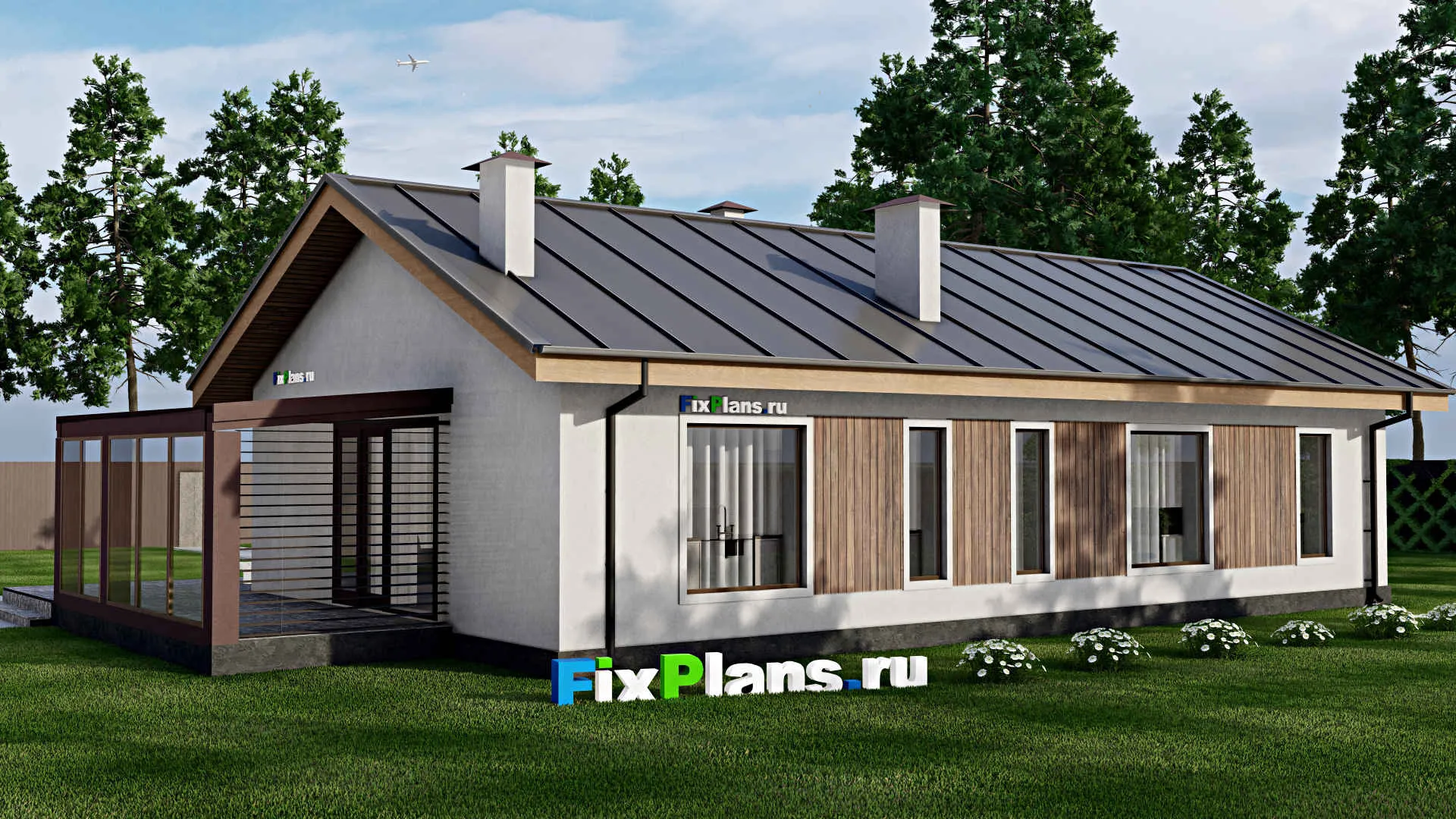 F-10070 - Проект одноэтажного дома 13 на 19, площадью 170 м² с террасой и 2 спальнями