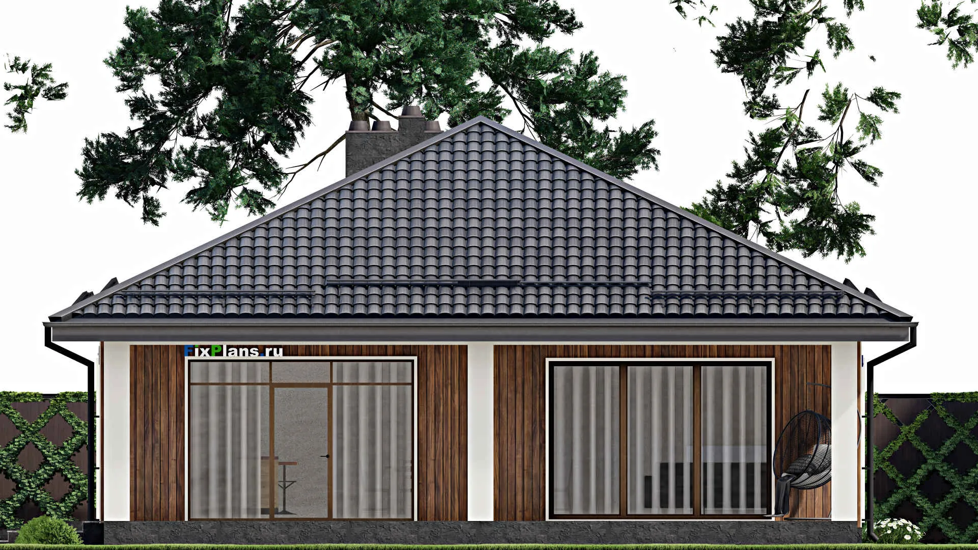 F-8630 - План одноэтажного дома 12 на 23, площадью 220 м² с террасой, гаражом на 1 машину и 3 спальнями