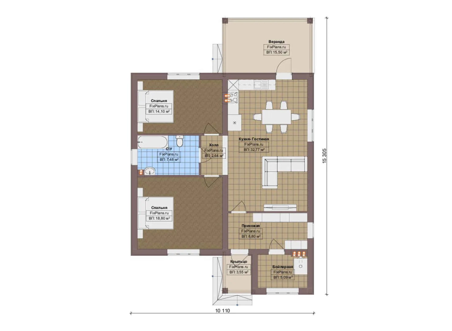 F-18665 - План одноэтажного дома 11 на 16, площадью 110 м² с террасой и 2 спальнями