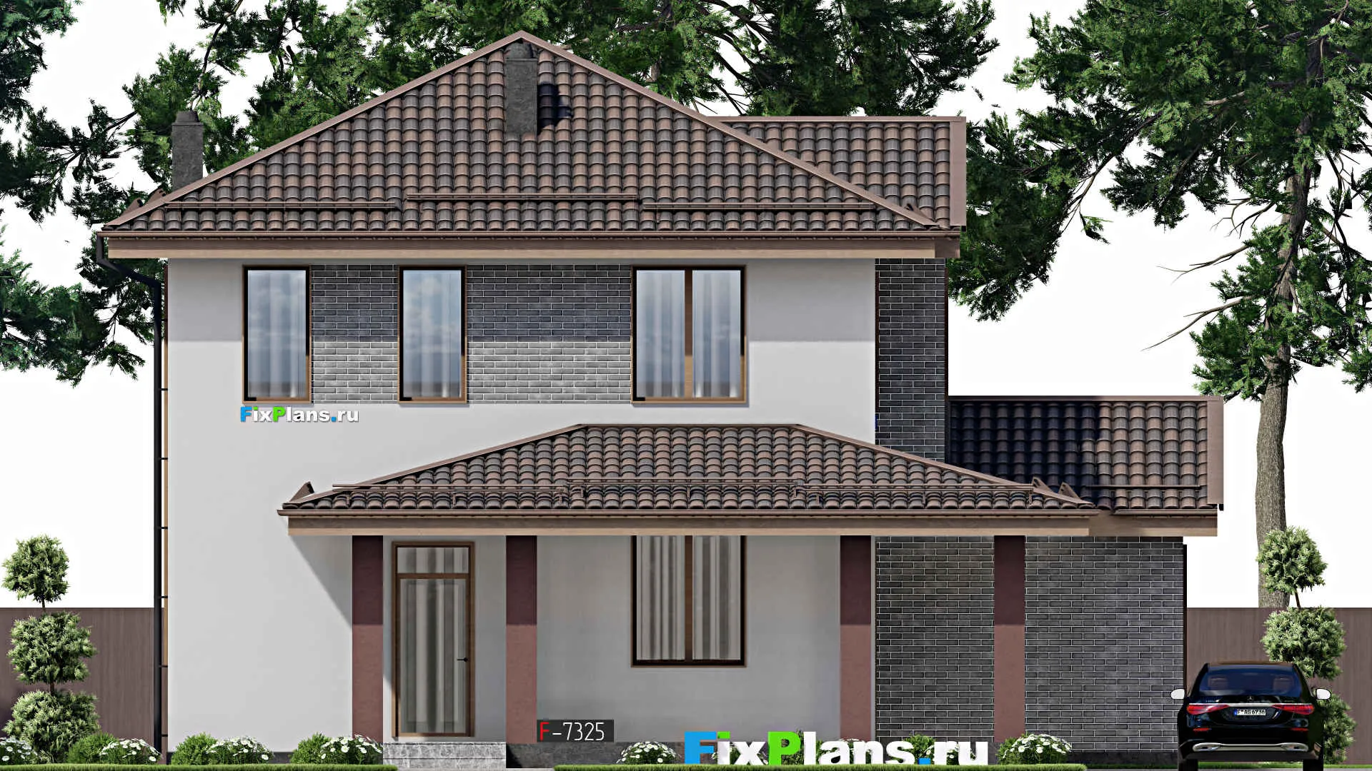 F-7325 - Планы двухэтажного дома 14 на 14, площадью 200 м² с террасой и 4 спальнями