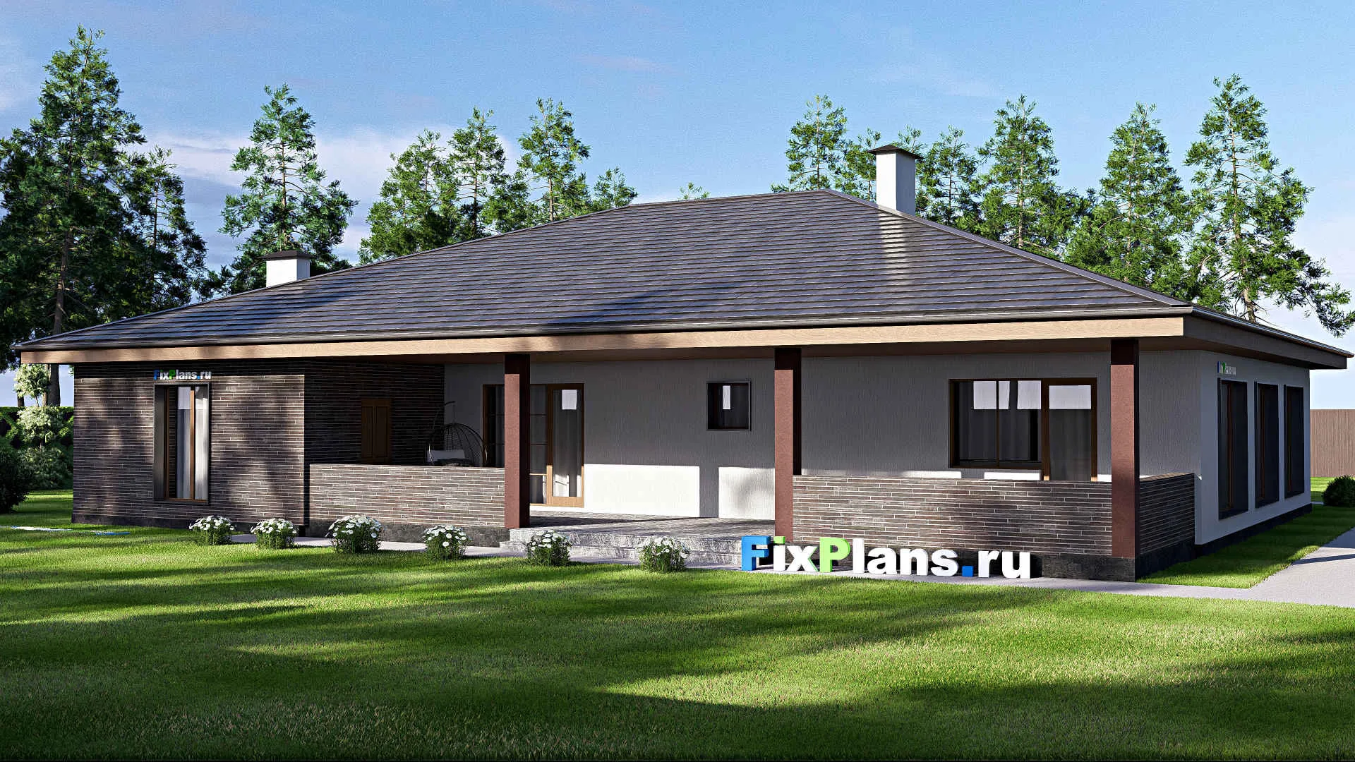 F-17954 - План одноэтажного дома 20 на 21, площадью 320 м² с террасой, гаражом на 2 машины и 2 спальнями