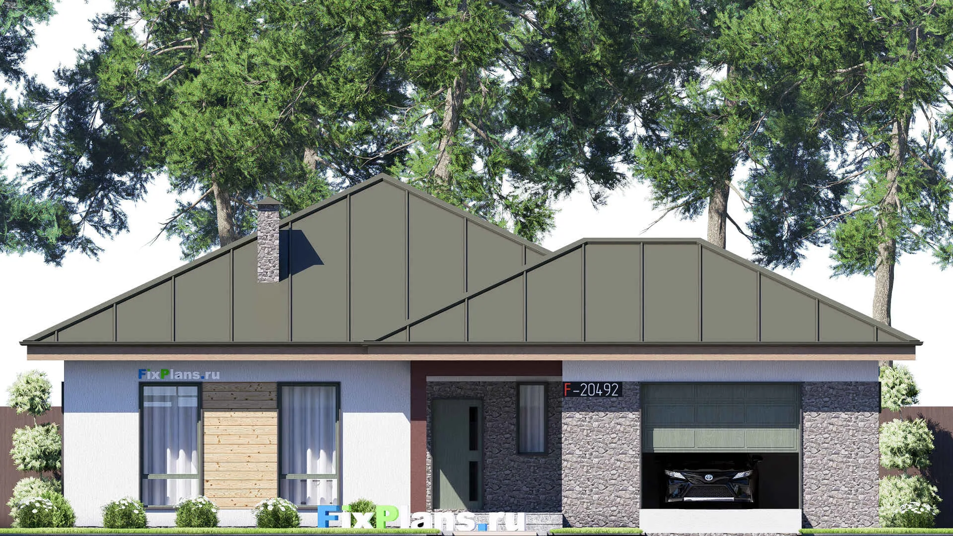 F-20492 - Проект одноэтажного дома 16 на 16, площадью 160 м² с террасой, гаражом на 1 машину и 2 спальнями