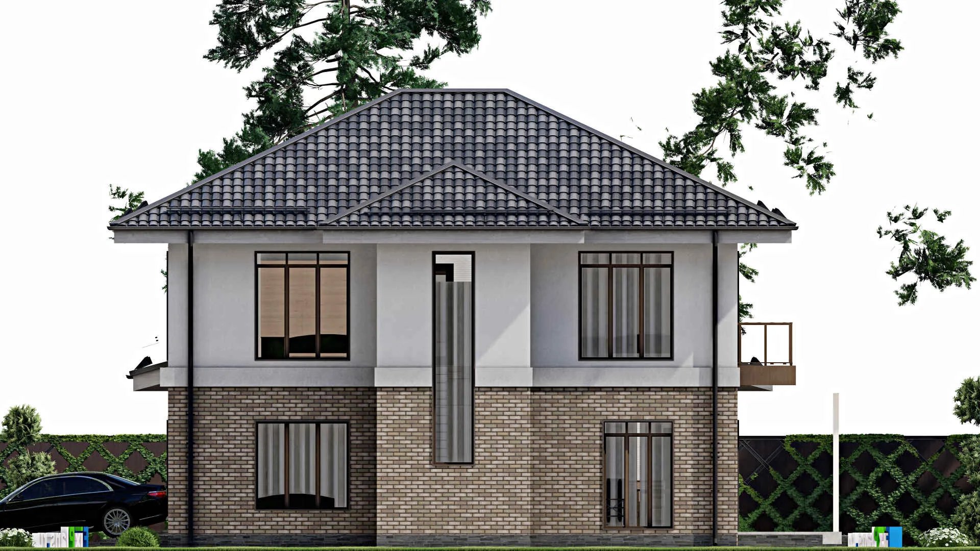 F-10142 - Проект двухэтажного дома 15 на 17, площадью 250 м² с террасой, балконом, гаражом на 2 машины и 4 спальнями