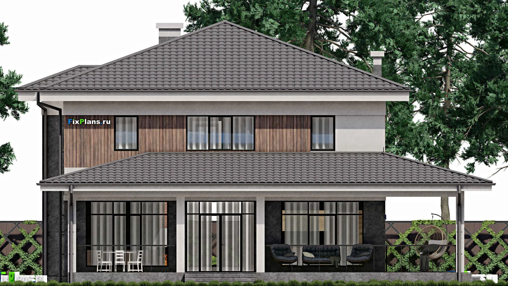 F-0332 - Проект двухэтажного дома 13 на 13, площадью 290 м² с террасой и 3 спальнями