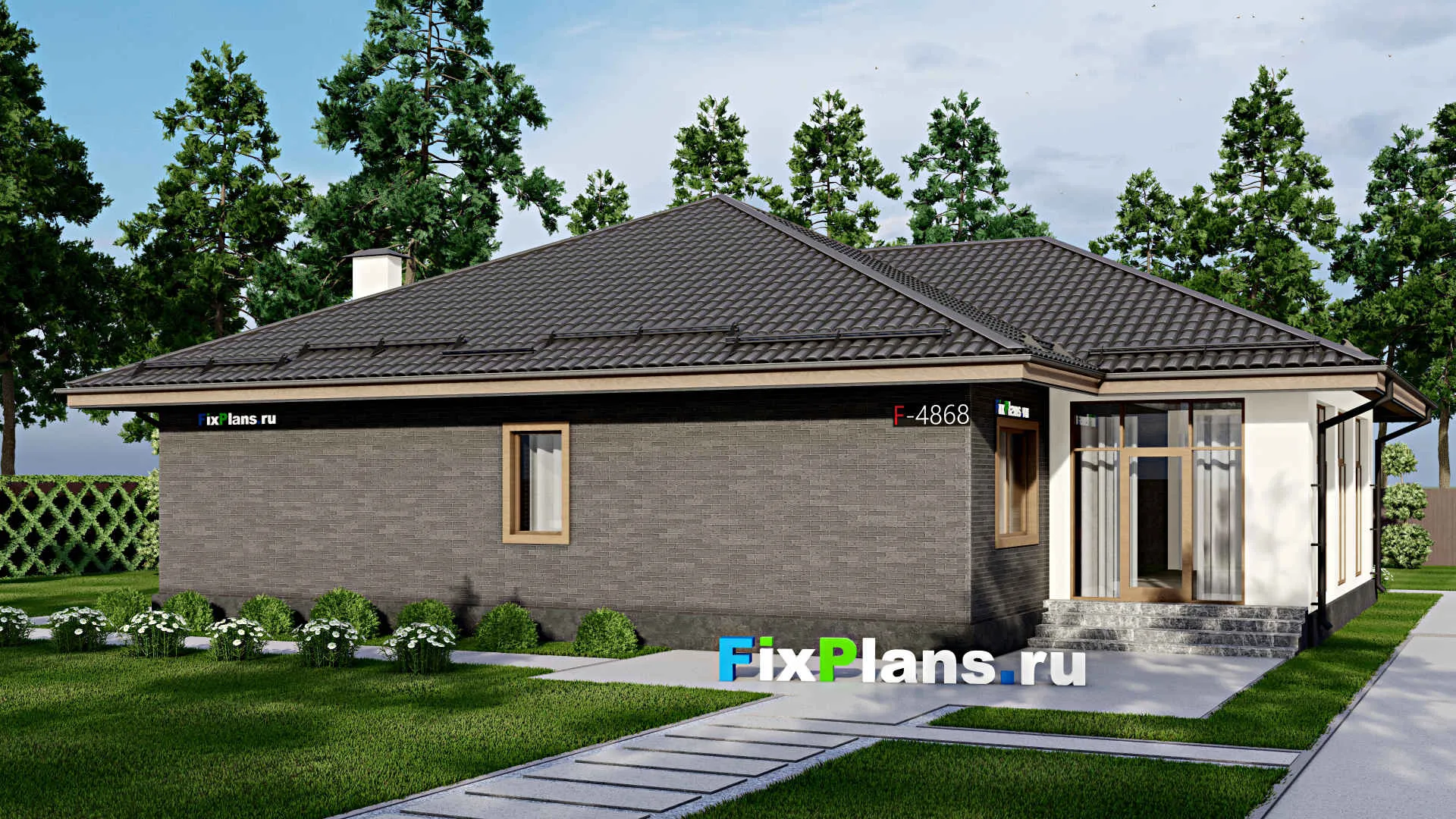 F-4868 - Проект одноэтажного дома 14 на 17, площадью 180 м² с террасой и 4 спальнями