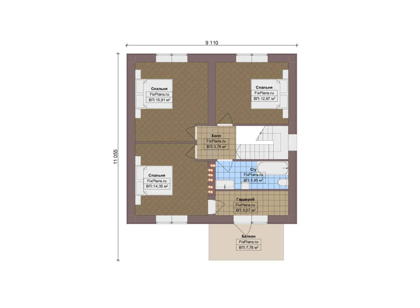 F-17396 - Планы дома с мансардой 10 на 12, площадью 130 м² с балконом и 4 спальнями