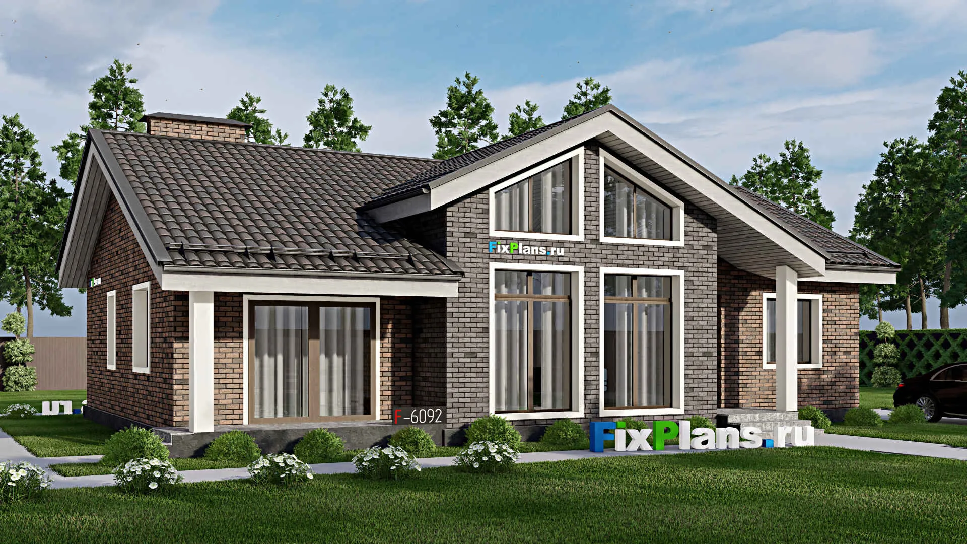 F-6092 - Проект одноэтажного дома 11 на 16, площадью 130 м² с террасой и 3 спальнями