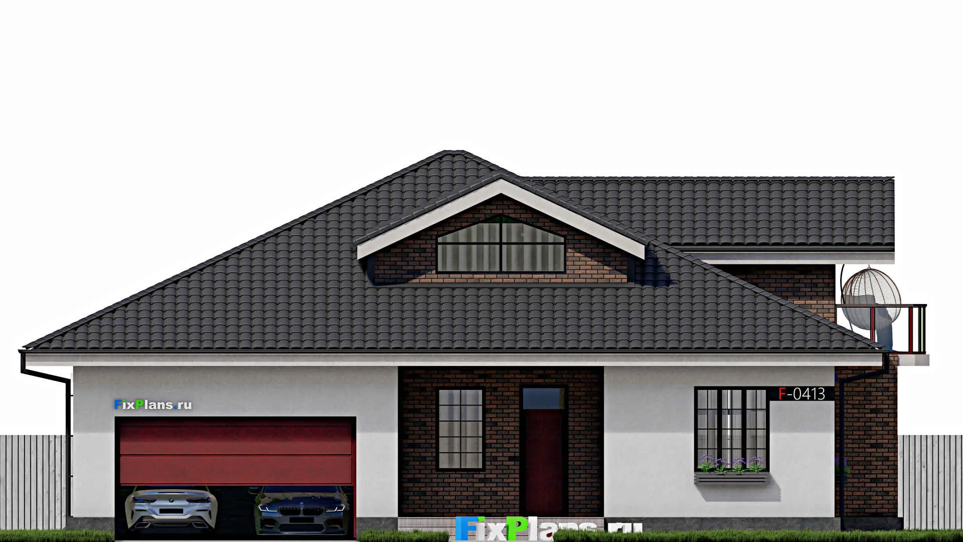 F-0413 - Проект дома с мансардой 15 на 17, площадью 250 м² с террасой, балконом, гаражом на 1 машину и 4 спальнями