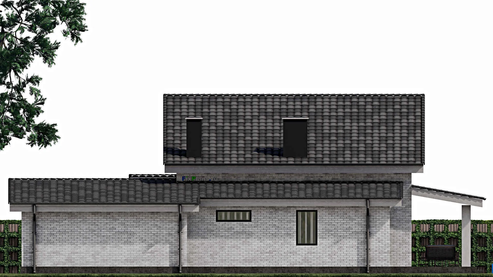 F-1421 - Проект дома с мансардой 17 на 17, площадью 240 м² с террасой, гаражом на 1 машину и 3 спальнями