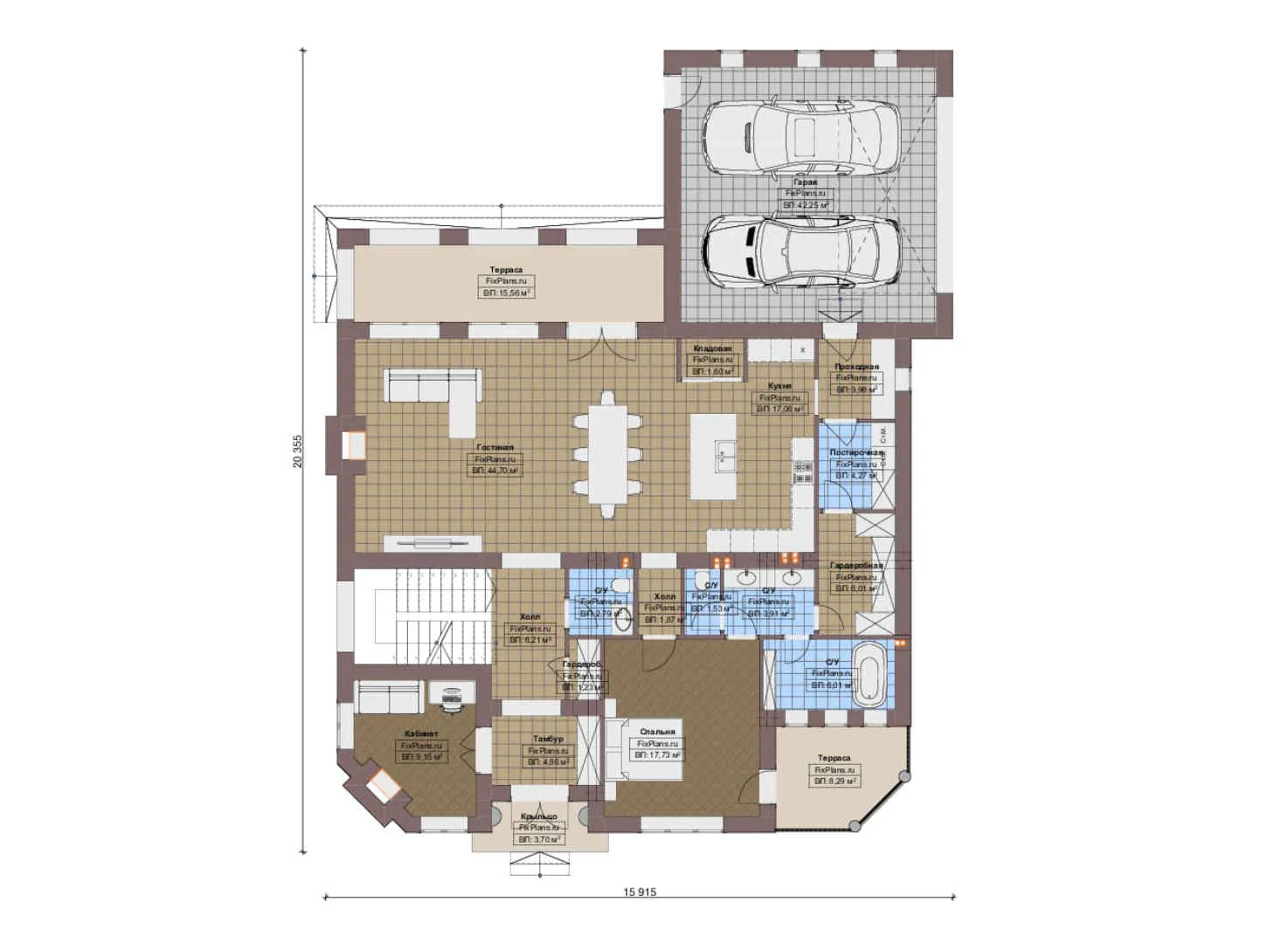 F-20573 - Планы двухэтажного дома 16 на 21, площадью 280 м² с террасой, балконом, гаражом на 2 машины и 4 спальнями