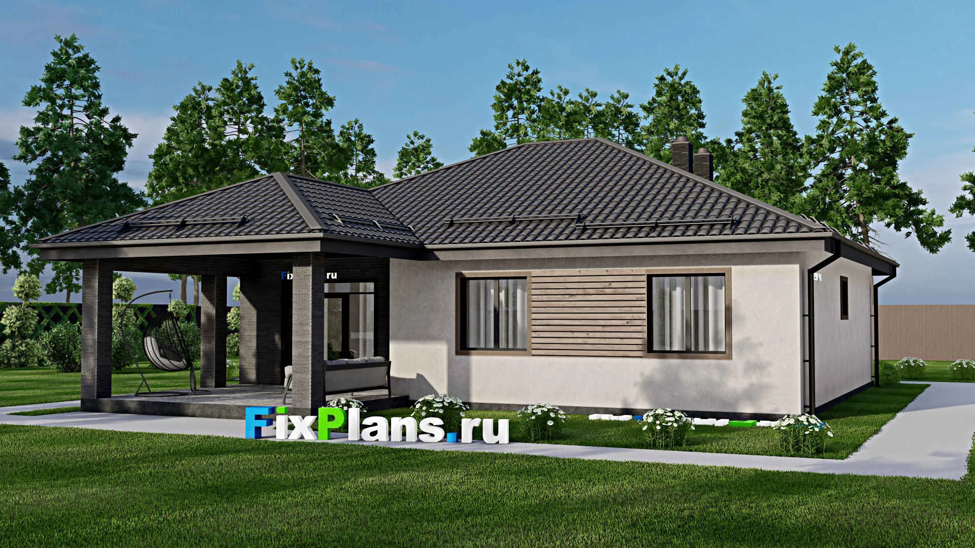 F-3095 - План одноэтажного дома 12 на 14, площадью 140 м² с террасой и 3 спальнями