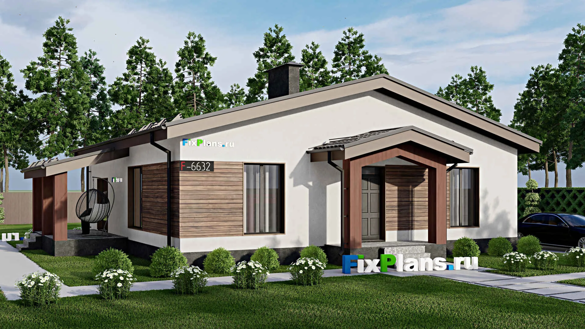 F-6632 - Проект одноэтажного дома 14 на 16, площадью 150 м² с террасой и 3 спальнями