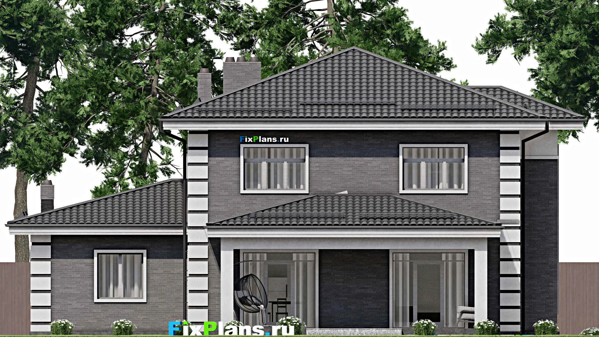 F-3887 - Планы двухэтажного дома 14 на 17, площадью 240 м² с террасой, гаражом на 1 машину и 4 спальнями