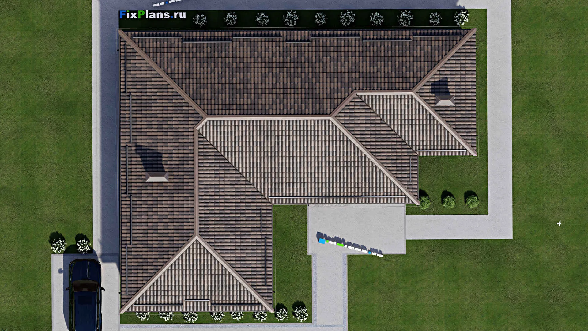 F-8162 - План одноэтажного дома 16 на 21, площадью 190 м² с террасой, баней, бассейном и 2 спальнями