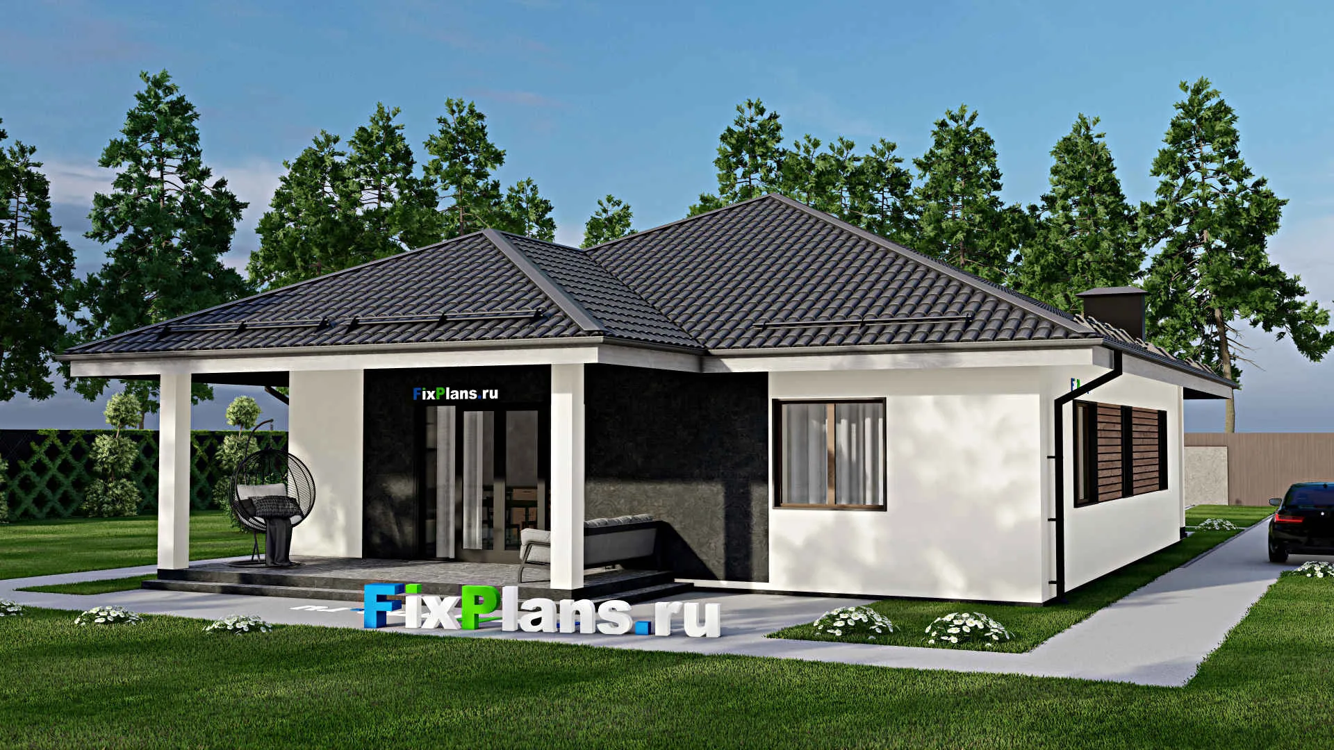 F-4355 - План одноэтажного дома 13 на 14, площадью 160 м² с террасой и 3 спальнями