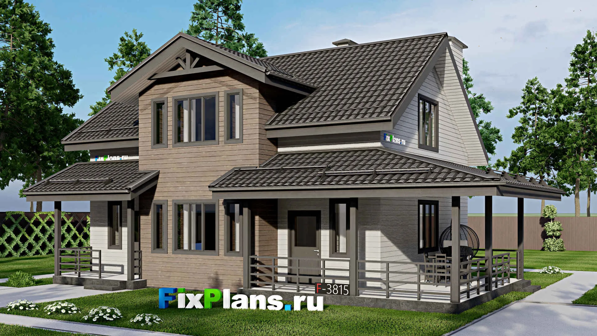 F-3815 - Проект дома с мансардой 9 на 11, площадью 170 м² с террасой и 4 спальнями